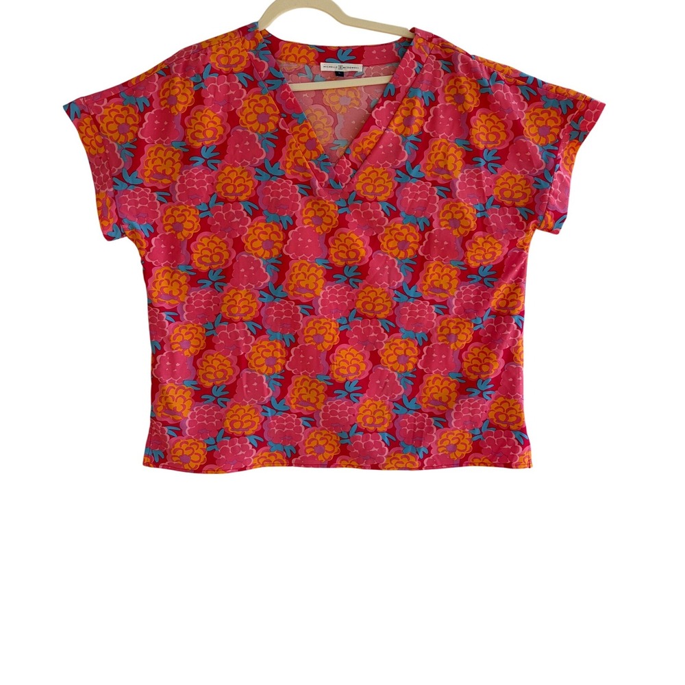 Michelle McDowell Pink Floral V-Neck Boxy Short Sleeve Blouse Large Maximalist